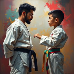 A father and his mestizo son positioned face to face in a karate duel, exemplifying a moment of tension and respect captured in a rich painting style