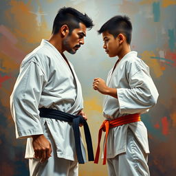 A father and his mestizo son positioned face to face in a karate duel, exemplifying a moment of tension and respect captured in a rich painting style