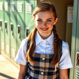 A young woman with striking blue eyes wearing a classic school uniform