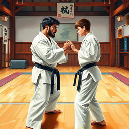 A father and his young mixed-race son standing face to face in a karate duel within a traditional dojo setting, depicted in a lively painting style