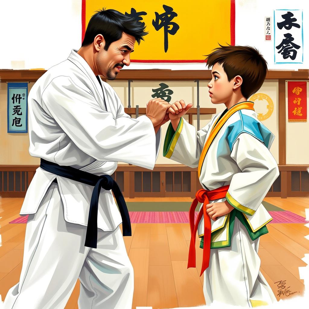 A father and his young mixed-race son standing face to face in a karate duel within a traditional dojo setting, depicted in a lively painting style