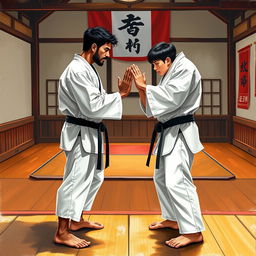 A father and his young mixed-race son standing face to face in a karate duel within a traditional dojo setting, depicted in a lively painting style