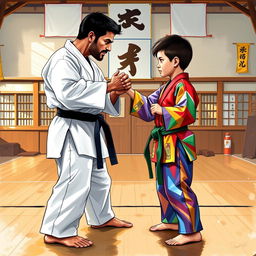 A father and his young mixed-race son standing face to face in a karate duel within a traditional dojo setting, depicted in a lively painting style