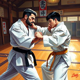 A mixed-race father and his son, both in their 20s, facing off in an intense karate duel set within a traditional dojo