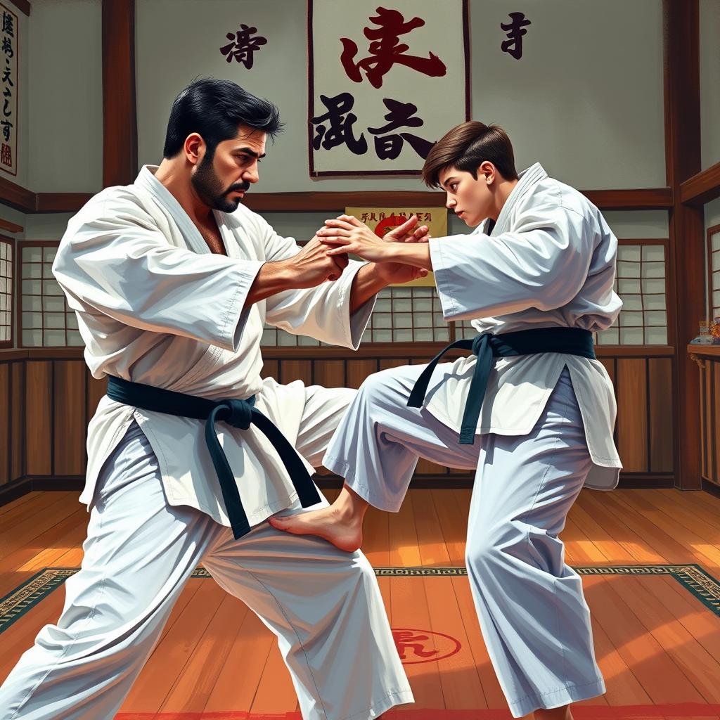 A mixed-race father and his son, both in their 20s, facing off in an intense karate duel set within a traditional dojo