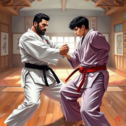 A mixed-race father and his son, both in their 20s, facing off in an intense karate duel set within a traditional dojo