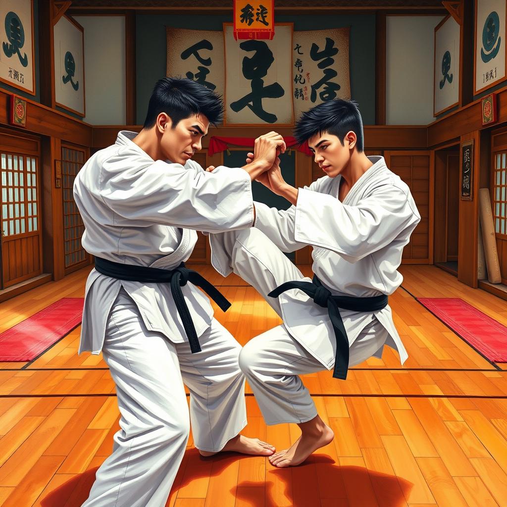 A mixed-race father and his son, both in their 20s, facing off in an intense karate duel set within a traditional dojo