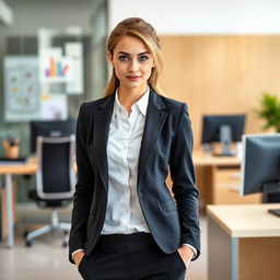 A young woman with captivating blue eyes dressed in a smart office uniform