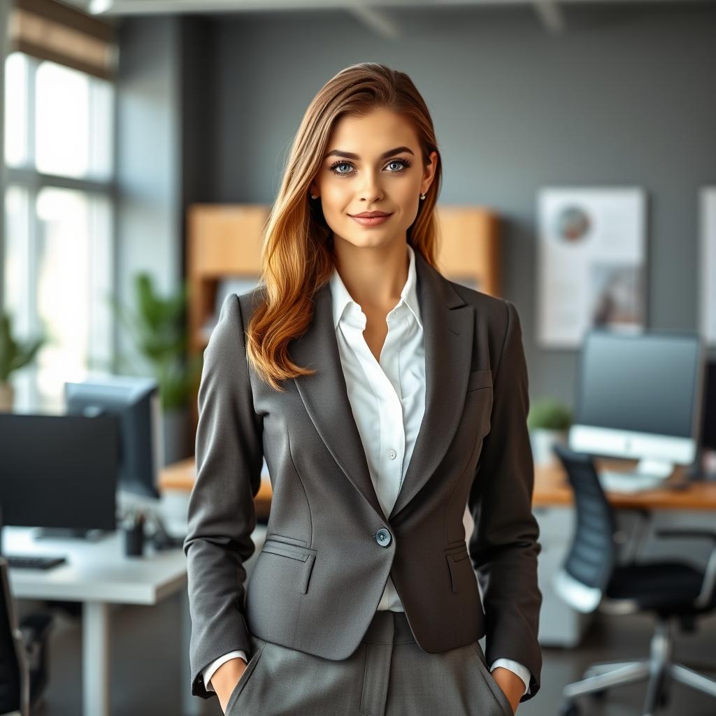 A young woman with captivating blue eyes dressed in a smart office uniform