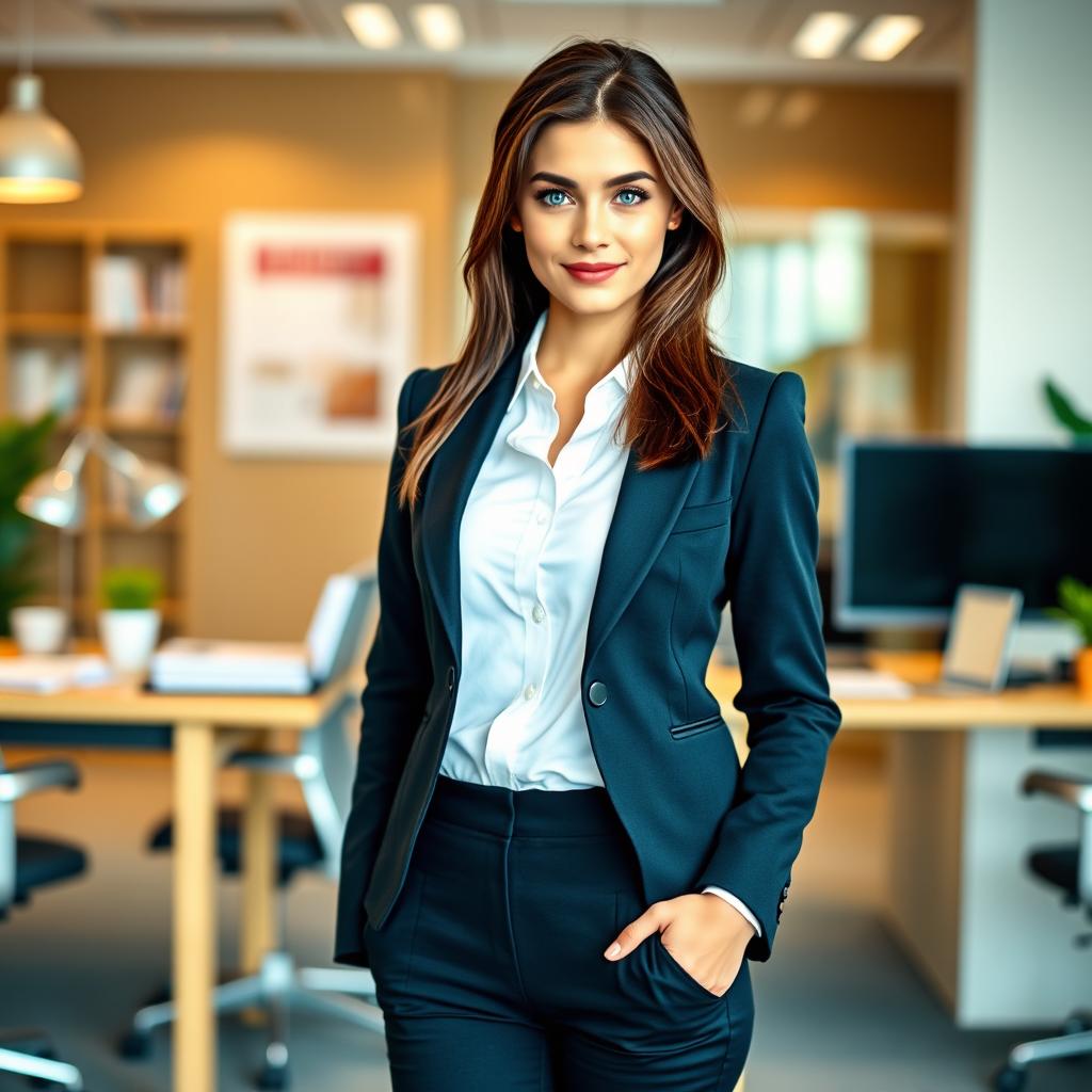 A young woman with captivating blue eyes dressed in a smart office uniform