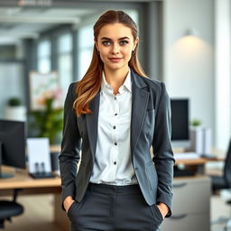 A young woman with captivating blue eyes dressed in a smart office uniform