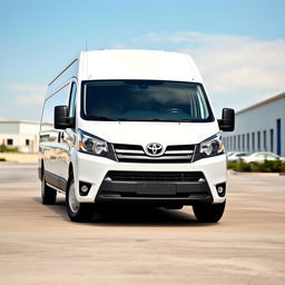 A white Toyota Proace cargo van parked in an industrial area, with a clear blue sky in the background