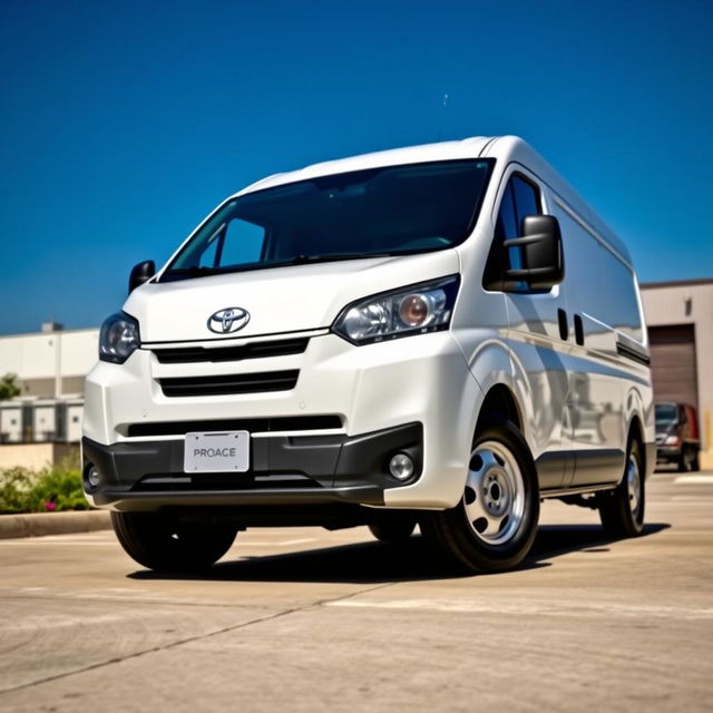 A white Toyota Proace cargo van parked in an industrial area, with a clear blue sky in the background