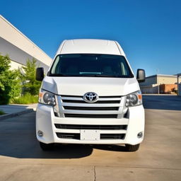 A white Toyota Proace cargo van parked in an industrial area, with a clear blue sky in the background