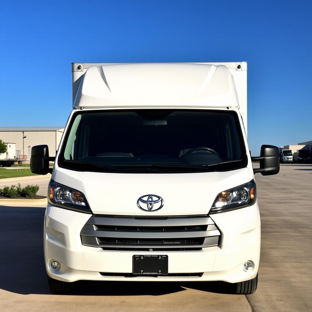 A white Toyota Proace cargo van parked in an industrial area, with a clear blue sky in the background