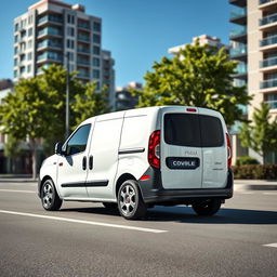 A sleek white Fiat Doblo cargo van parked in a modern urban environment