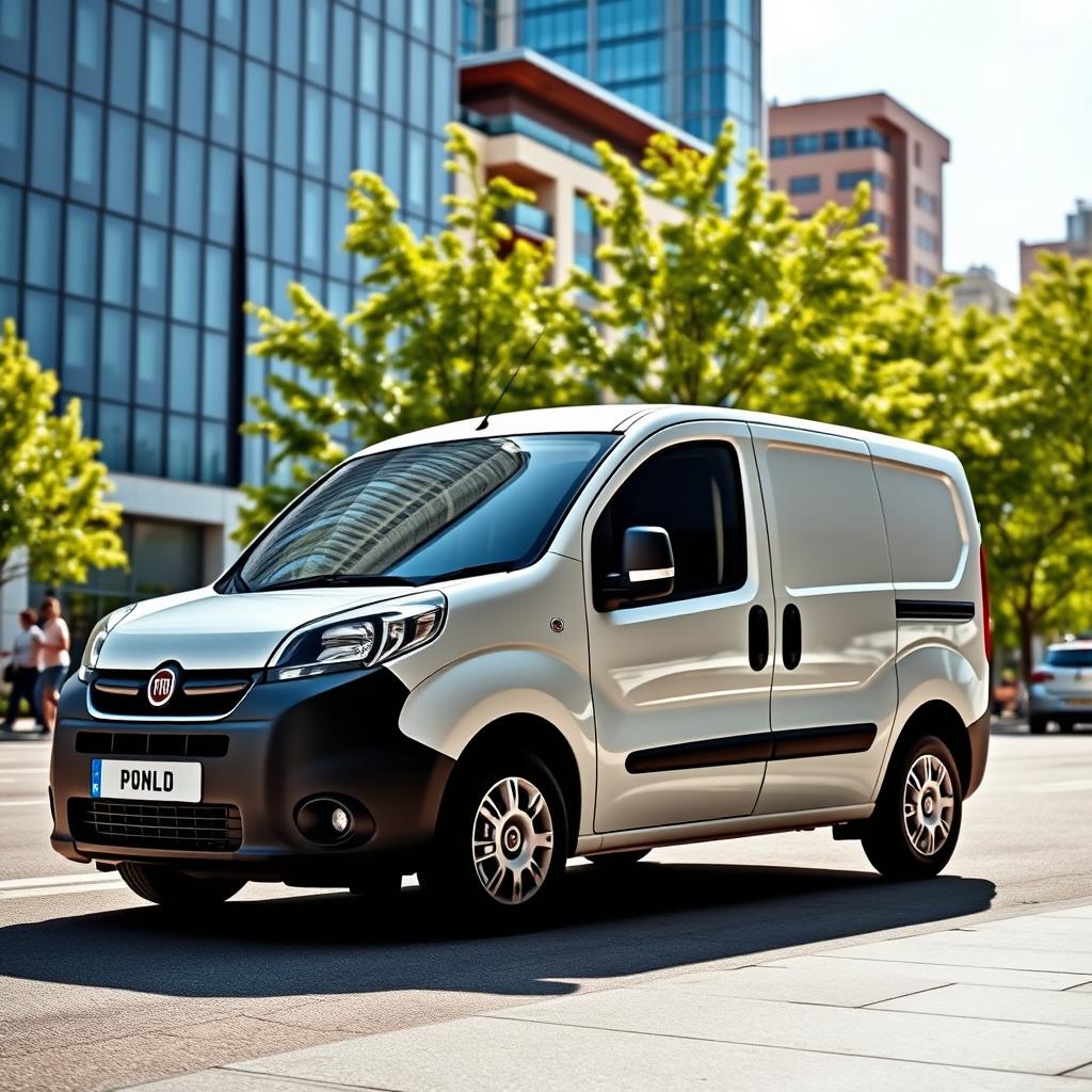 A sleek white Fiat Doblo cargo van parked in a modern urban environment