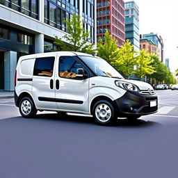 A sleek white Fiat Doblo cargo van parked in a modern urban environment