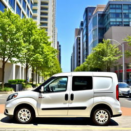 A sleek white Fiat Doblo cargo van parked in a modern urban environment