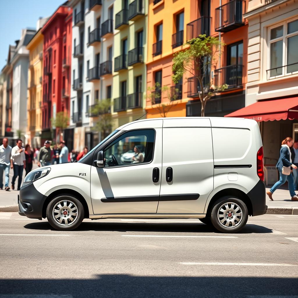 A sleek white Fiat Doblo cargo van parked on a sunny city street