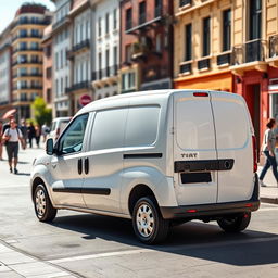 A sleek white Fiat Doblo cargo van parked on a sunny city street