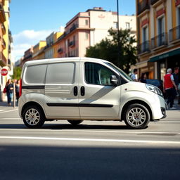 A sleek white Fiat Doblo cargo van parked on a sunny city street