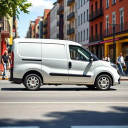 A sleek white Fiat Doblo cargo van parked on a sunny city street