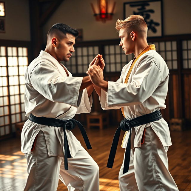 A mixed-race father and his son, both in their 20s, facing off in an intense karate duel set inside a realistic dojo