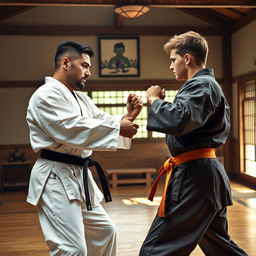 A mixed-race father and his son, both in their 20s, facing off in an intense karate duel set inside a realistic dojo