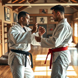 A mixed-race father and his son, both in their 20s, facing off in an intense karate duel set inside a realistic dojo