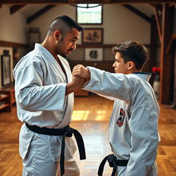 A mixed-race father and his son, both in their 20s, facing off in an intense karate duel set inside a realistic dojo