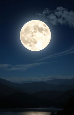 A breathtaking view of the moon shining brightly in a starry night sky, its surface featuring detailed craters and maria, reflecting soft silver light