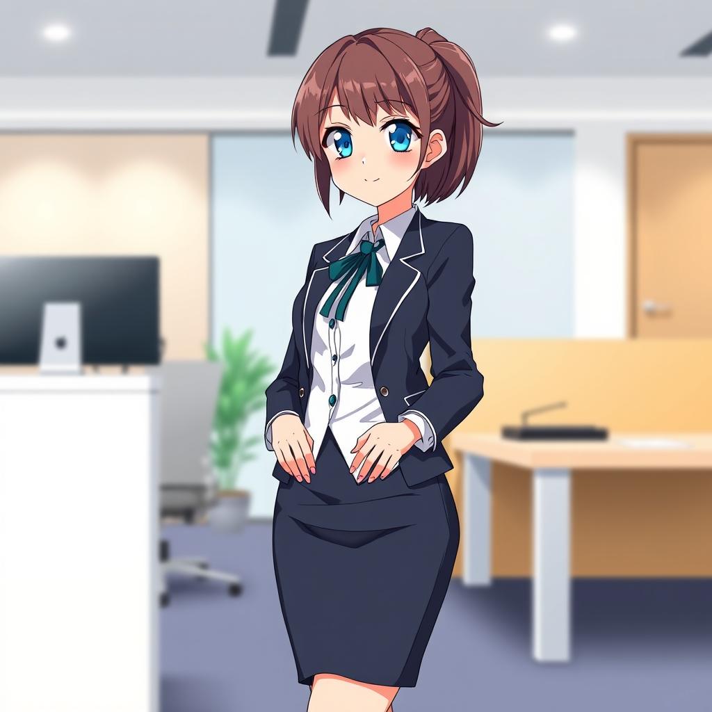 An anime-style girl with striking blue eyes dressed in a stylish office uniform