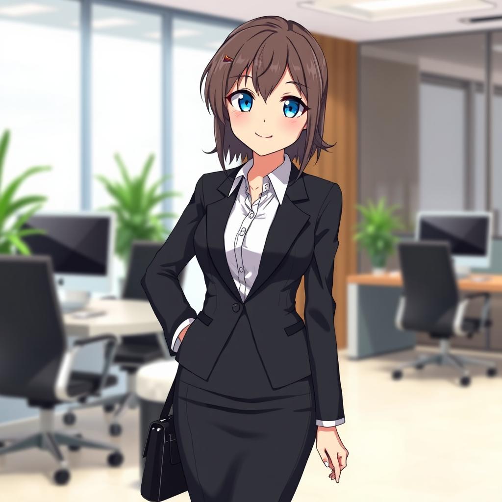 An anime-style girl with striking blue eyes dressed in a stylish office uniform