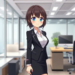 An anime-style girl with striking blue eyes dressed in a stylish office uniform