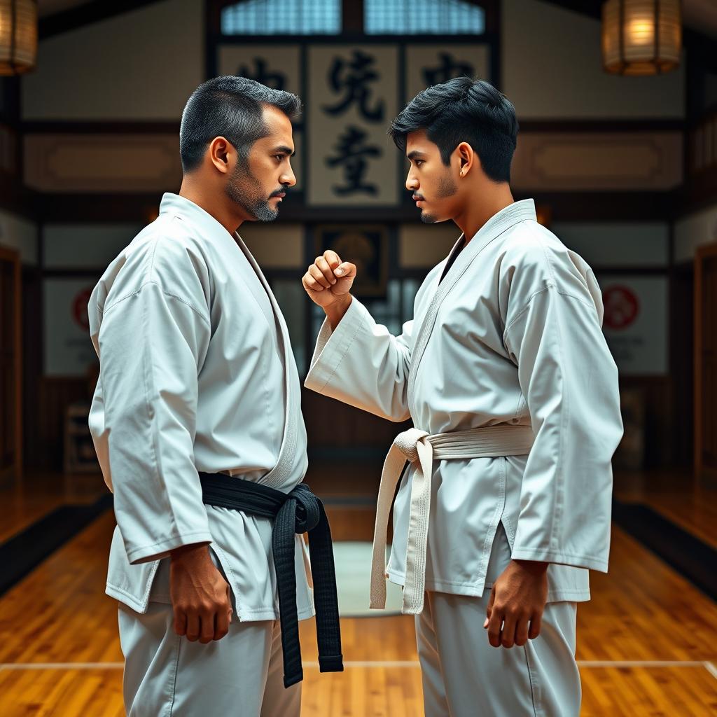 A mixed-race father and his son, both in their 20s, standing face to face, intensely prepared for a karate duel inside a realistic dojo