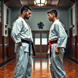 A mixed-race father and his son, both in their 20s, standing face to face, intensely prepared for a karate duel inside a realistic dojo