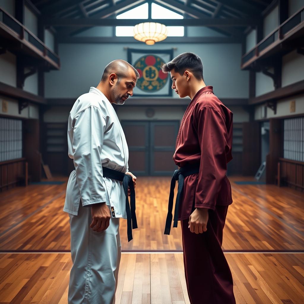 A mixed-race father and his son, both in their 20s, standing face to face, intensely prepared for a karate duel inside a realistic dojo