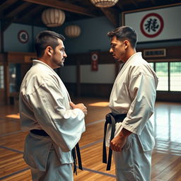 A mixed-race father and his son, both in their 20s, standing face to face, intensely prepared for a karate duel inside a realistic dojo