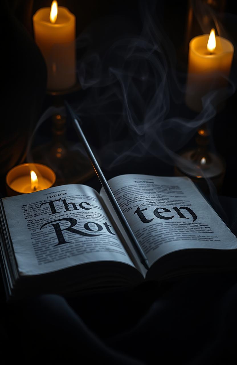 A dark and eerie scene featuring a book titled 'The Rotten' with the author name 'stargazingminaa' prominently displayed on the cover