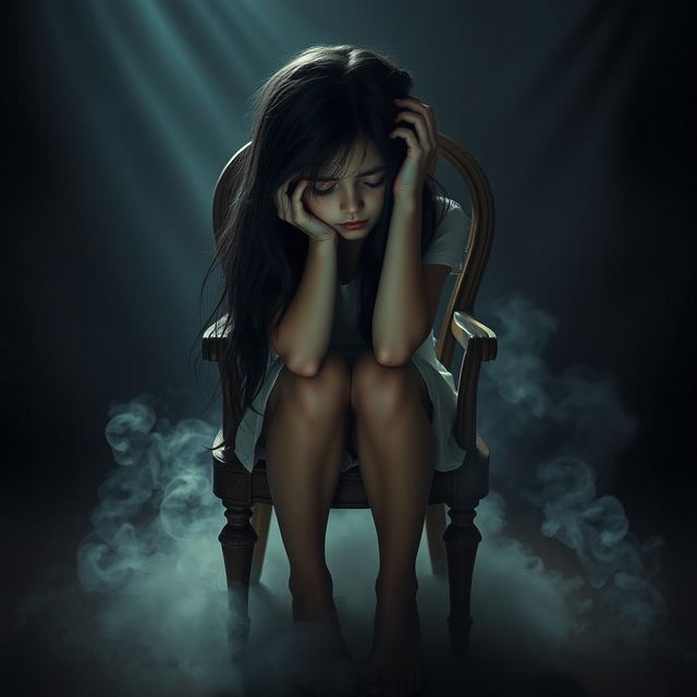 A gloomy and sad girl overwhelmed by agony, seated alone on a vintage chair in a shadowy room