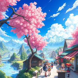 A colorful and vibrant anime world, filled with lush landscapes, towering mountains, and flowing rivers under a bright blue sky, populated by lively characters with expressive features, wearing futuristic and fantasy outfits