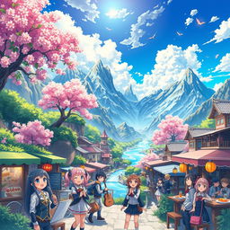 A colorful and vibrant anime world, filled with lush landscapes, towering mountains, and flowing rivers under a bright blue sky, populated by lively characters with expressive features, wearing futuristic and fantasy outfits