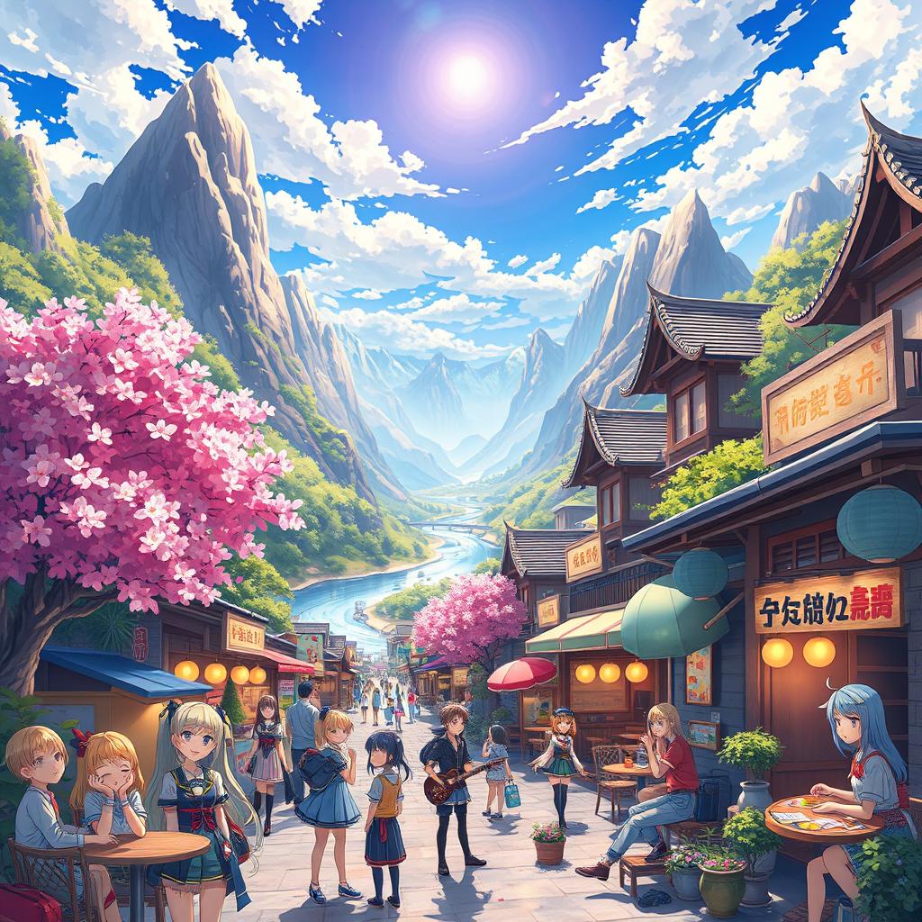 A colorful and vibrant anime world, filled with lush landscapes, towering mountains, and flowing rivers under a bright blue sky, populated by lively characters with expressive features, wearing futuristic and fantasy outfits