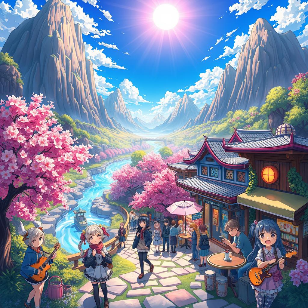 A colorful and vibrant anime world, filled with lush landscapes, towering mountains, and flowing rivers under a bright blue sky, populated by lively characters with expressive features, wearing futuristic and fantasy outfits