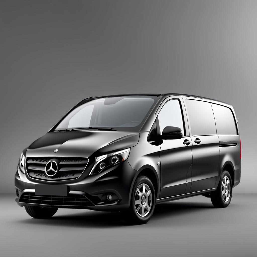 A striking Mercedes Vito van with a sleek black finish, positioned against a smooth grey background