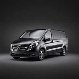 A striking Mercedes Vito van with a sleek black finish, positioned against a smooth grey background