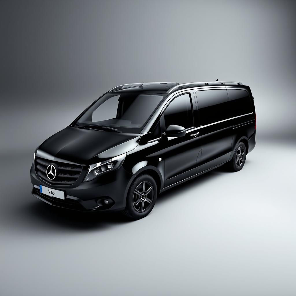 A striking Mercedes Vito van with a sleek black finish, positioned against a smooth grey background