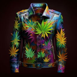 A more formal, tactile leather jacket with the vibrant, hallucinatory art of Takashi Murakami. The design focuses on a detailed, exquisitely rendered marijuana leaf graphic.