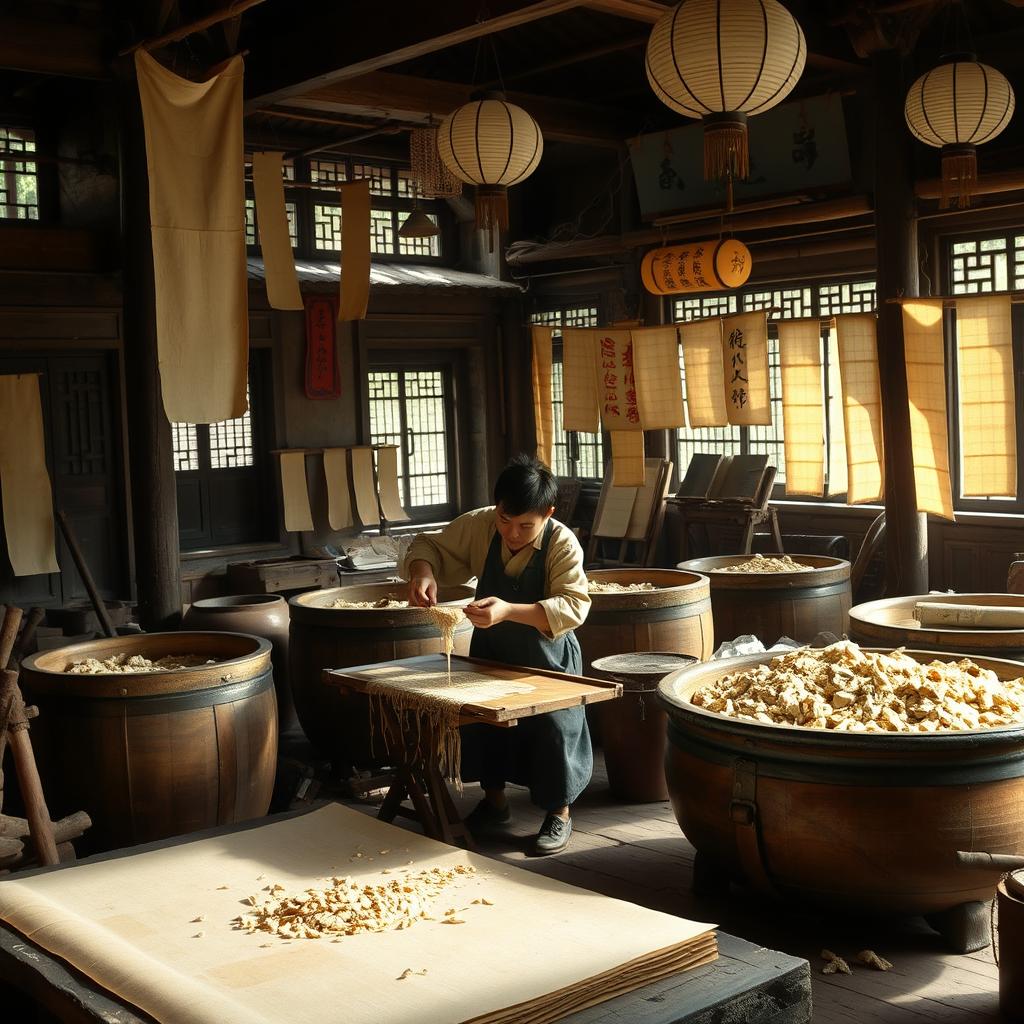 A historical scene depicting the ancient process of papermaking in China